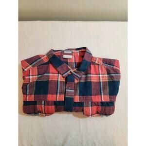 Columbia Shirt Mens 2XL Red Madras Plaid Short Sleeve Pearl Snap Regular Fit